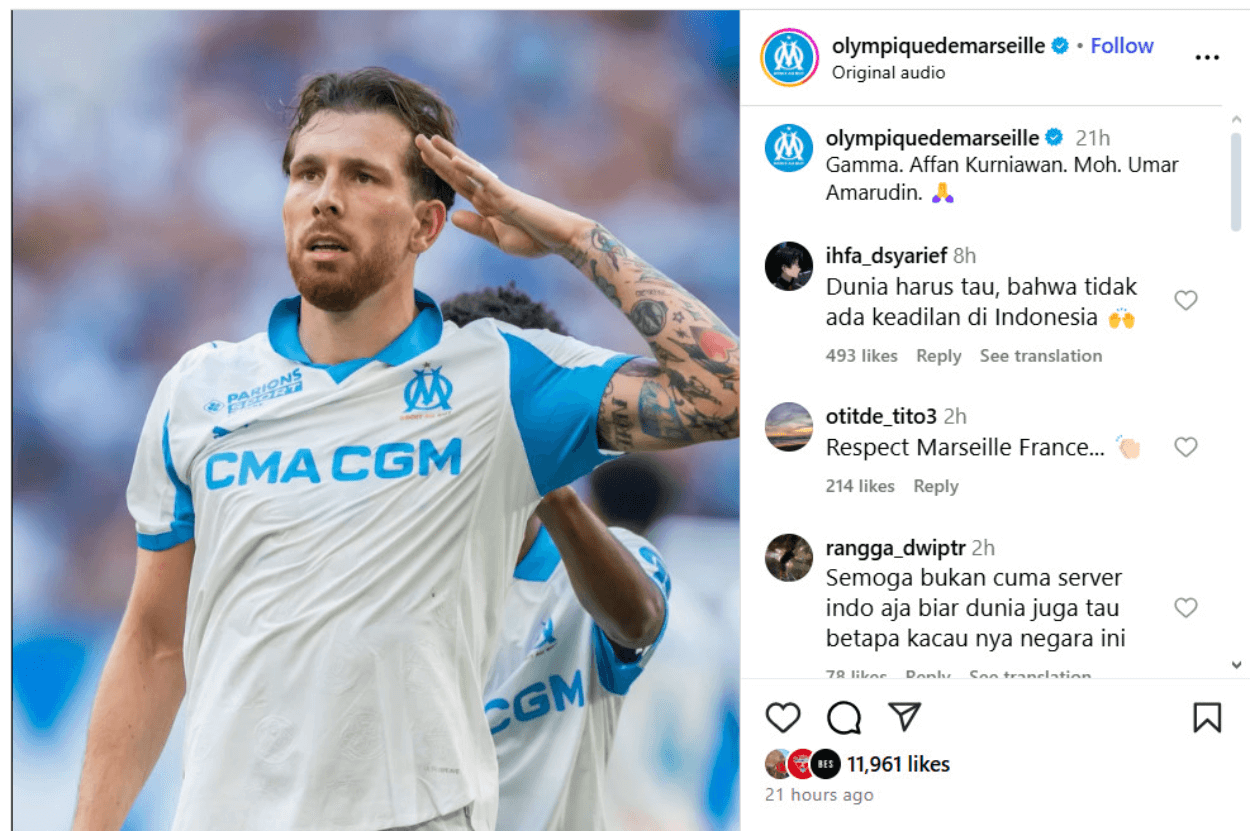 Klub Prancis Olympique Marseille Angkat Suara, Beri Penghormatan untuk Korban Demo yang Dibunuh Polisi