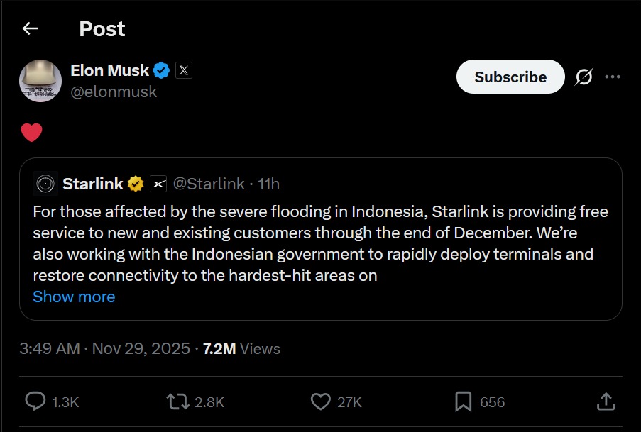 Starlink Gratiskan Internet untuk Korban Banjir Sumatera, Elon Musk 1-0 Pemerintah