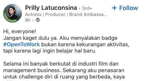 Prilly Latuconsina Open to Work di LinkedIn, Netizen Heboh Artis Papan Atas Cari Loker Usai Hengkang Dari Sinemaku!