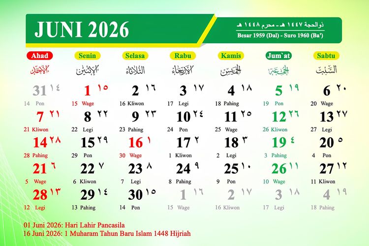 Kalender Juni 2026 Punya Long Weekend, Catat Jadwal Tanggal Merah dan Libur Nasionalnya