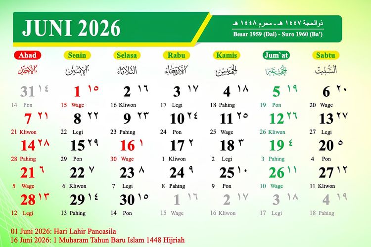Daftar Hari Libur dan Tanggal Penting Juni 2026, Catat Momen Nasional hingga Internasional